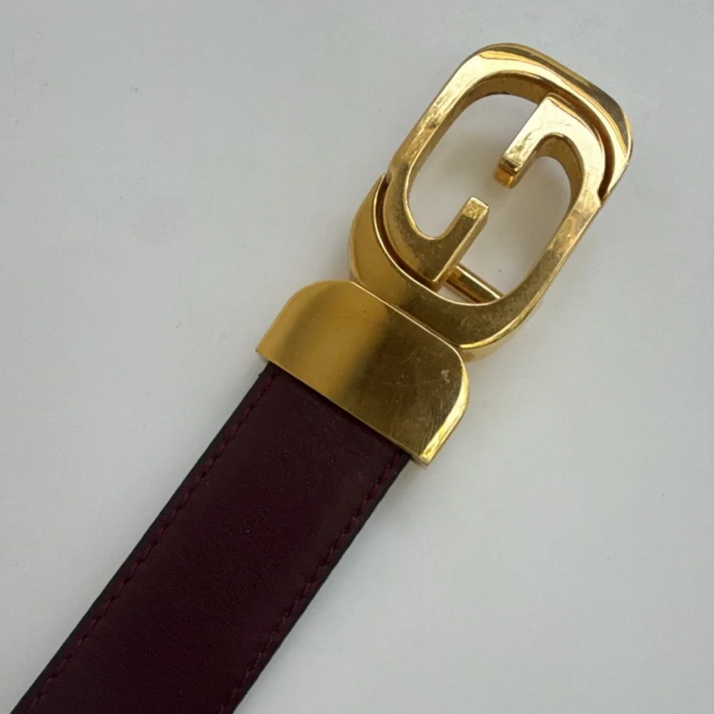 Gucci Reversible Leather Belt GG Gold Buckle Green Burgundy 36 036-0901-1121